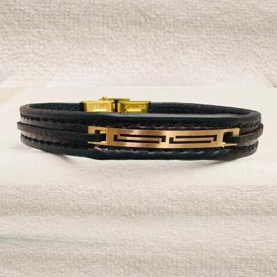 دستبند مردانه طلا بند چرمی کد 1001